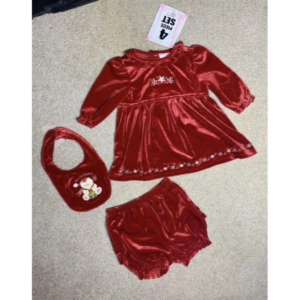 Vintage Youngland Baby’s 1st Christmas 3pc Red Velvet Dress Bloomers Bib NWT 6-9